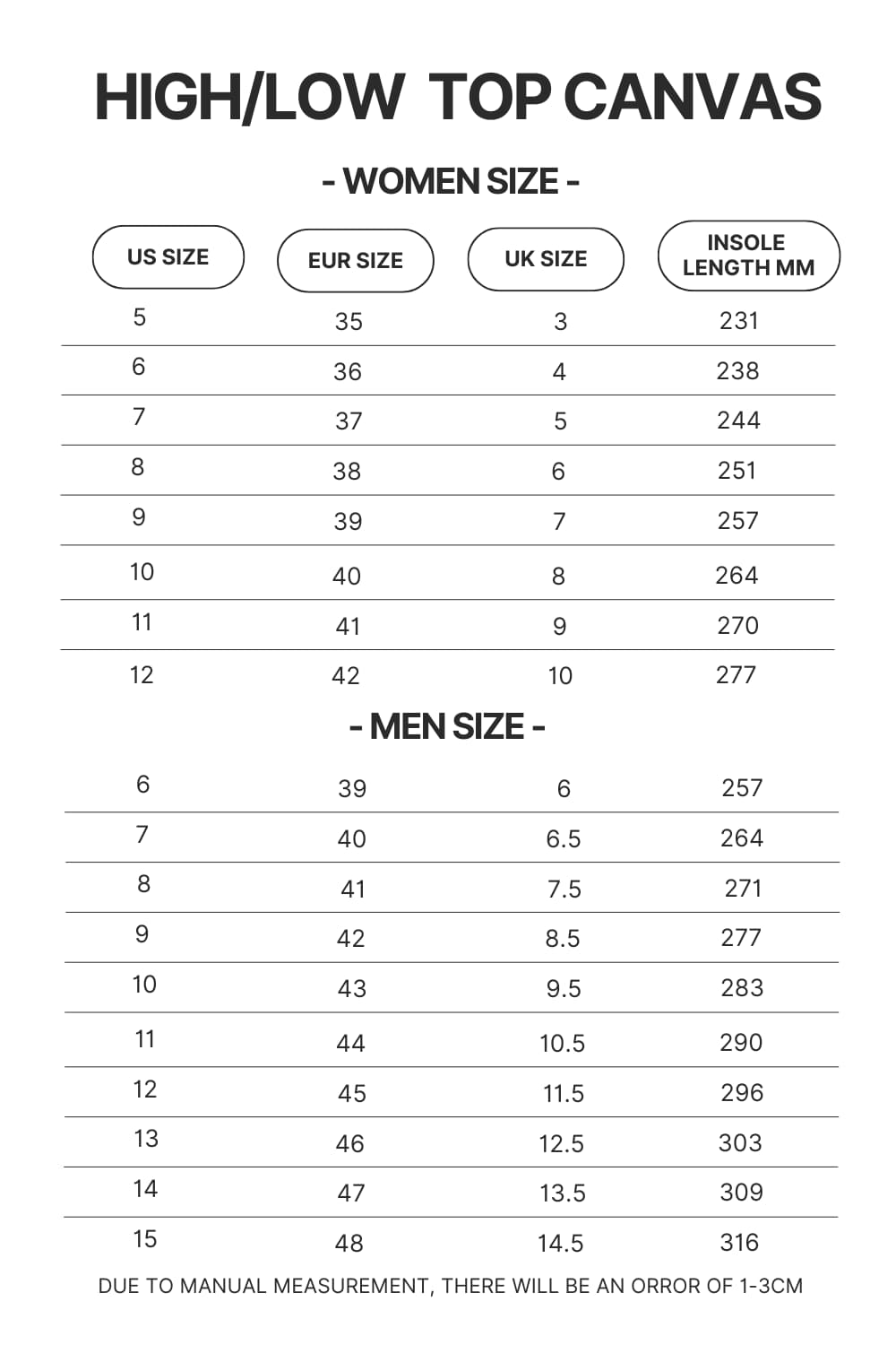 High Top Low Top Canvas Shoes Size Chart - AOT Merch