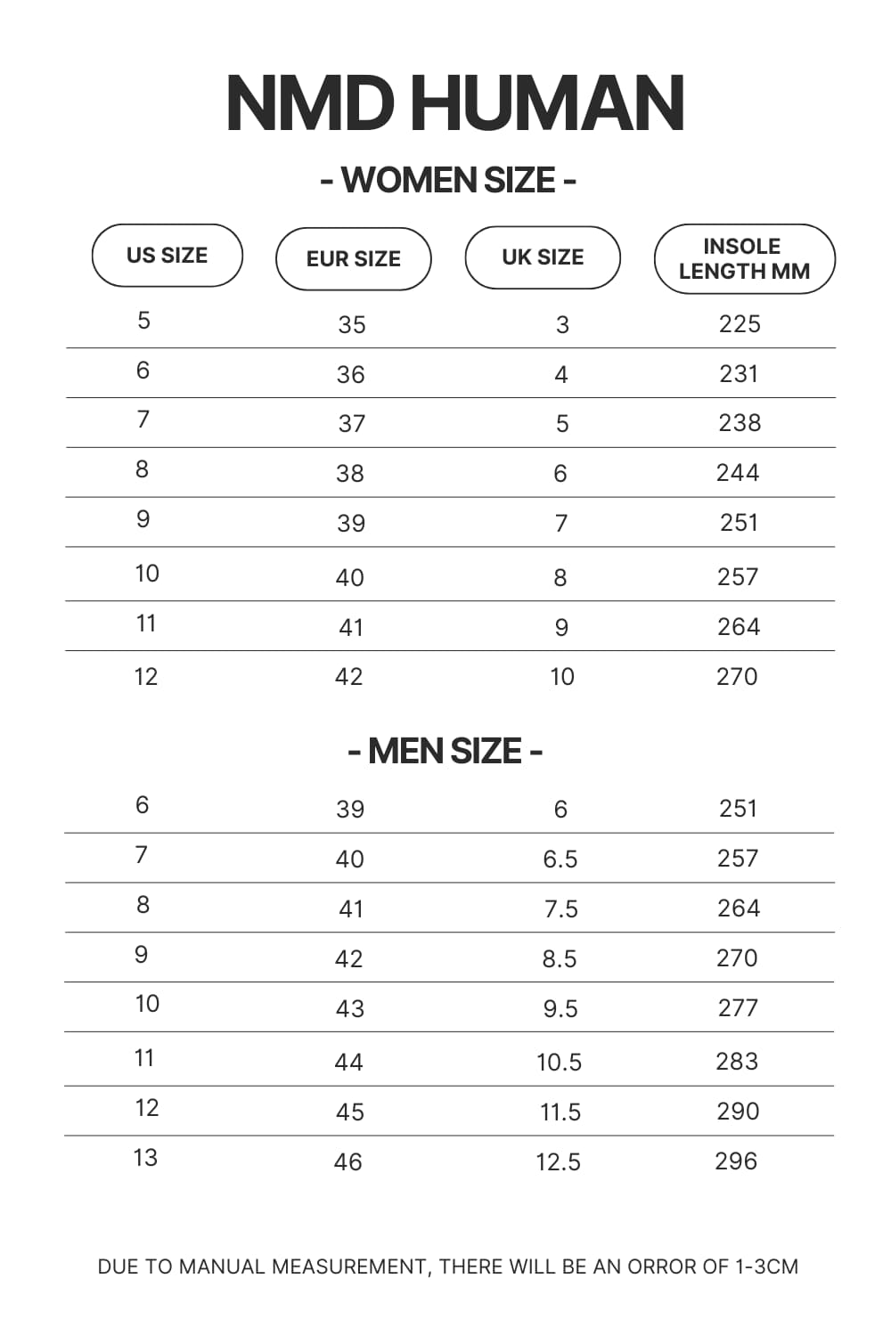 NMD Human Shoes Size Chart - AOT Merch