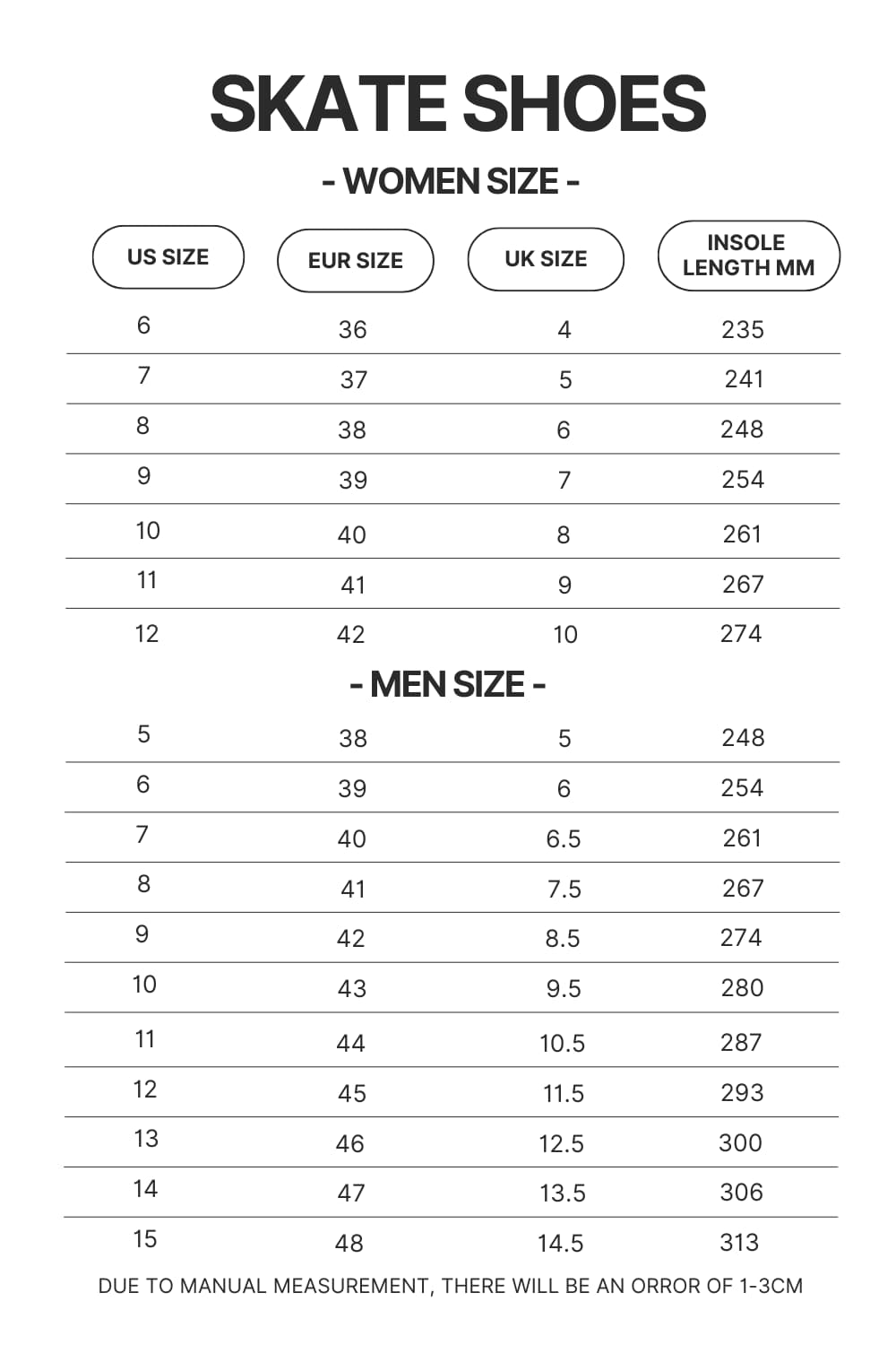 Skate Shoes Size Chart - AOT Merch